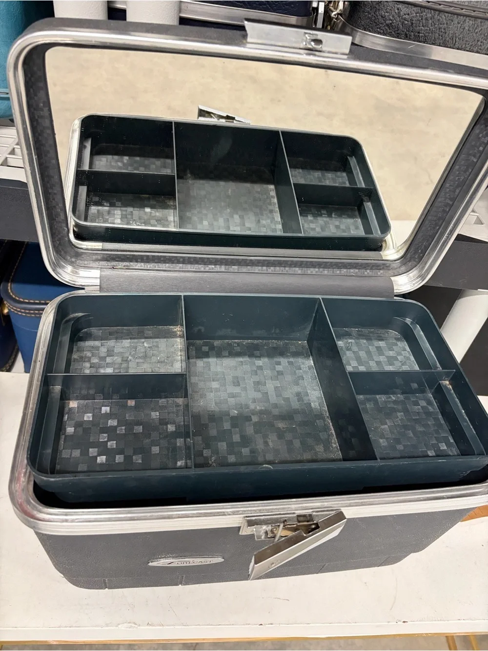 Vintage Forcast Black Portable Makeup Storage TrainCase with Mirror & Tray